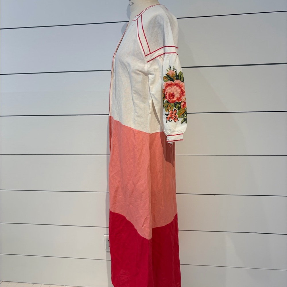 Farylina Handmade Colorblock Pink & White Maxi Dress with Hand Embroidery NWT